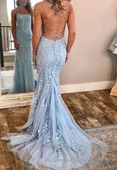 Chic Trumpet Spaghetti Straps With Lace Appliques Light Blue Semi Formal Prom Dresses
